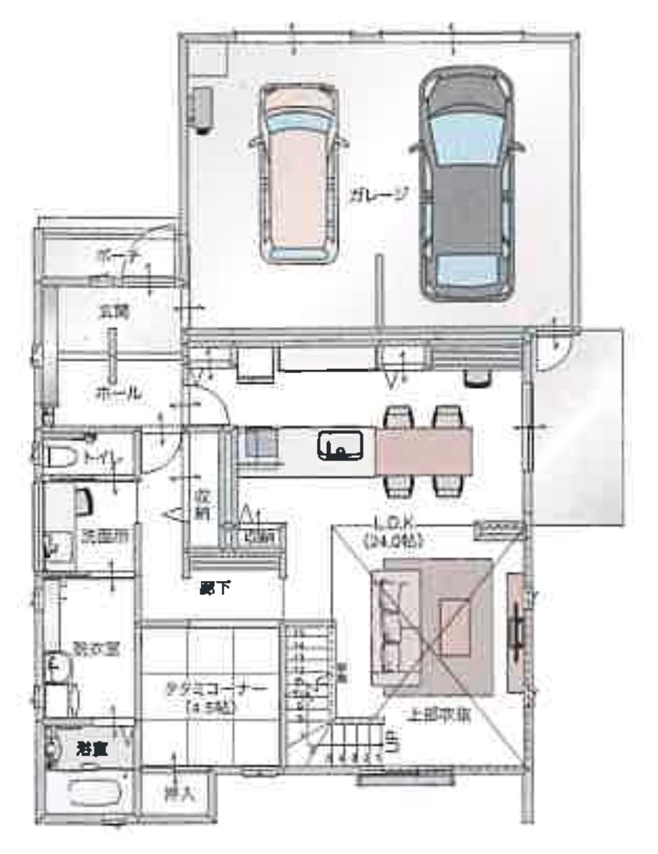 「ビルトインガレージ2台付きガレージハウス」の間取り|山形の注文住宅実例|ミナガワ建設