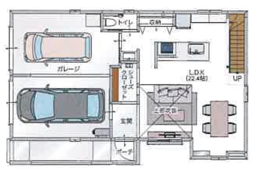 「ビルトインガレージ2台付きガレージハウス」の間取り|山形の注文住宅実例|ミナガワ建設