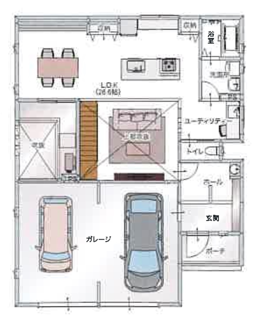 「ビルトインガレージ2台付きガレージハウス」の間取り|山形の注文住宅実例|ミナガワ建設