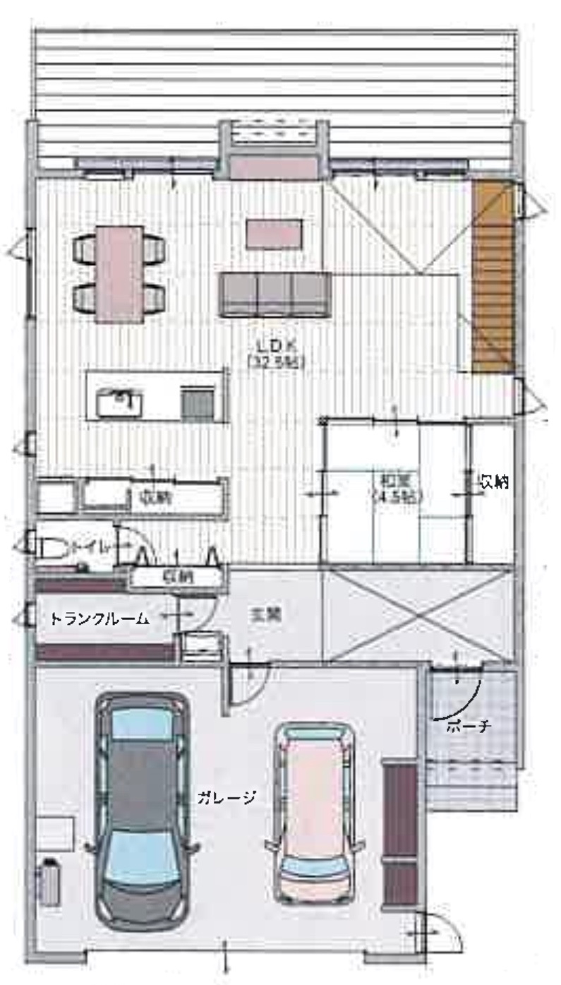 「ビルトインガレージ2台付きガレージハウス」の間取り|山形の注文住宅実例|ミナガワ建設